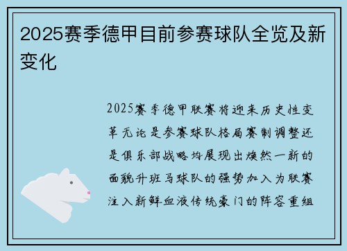 2025赛季德甲目前参赛球队全览及新变化